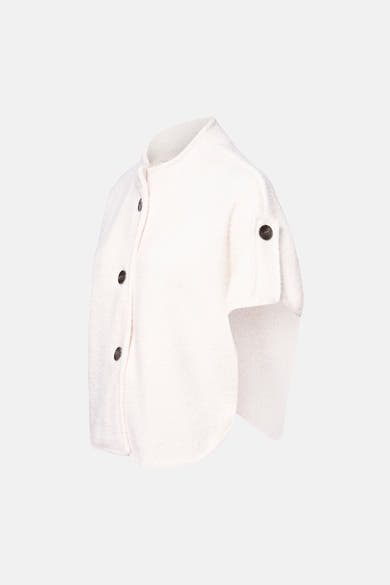 Cardigan écru Terra di Siena avec boutons marron foncé, manches courtes et coupe ample.