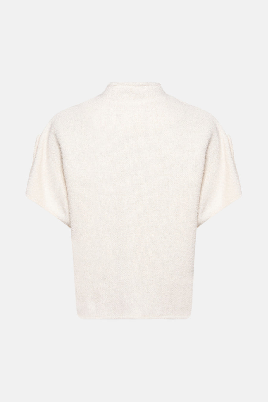 Cardigan écru de Terra di Siena, en maille bouclette texturée, avec des manches courtes amples.