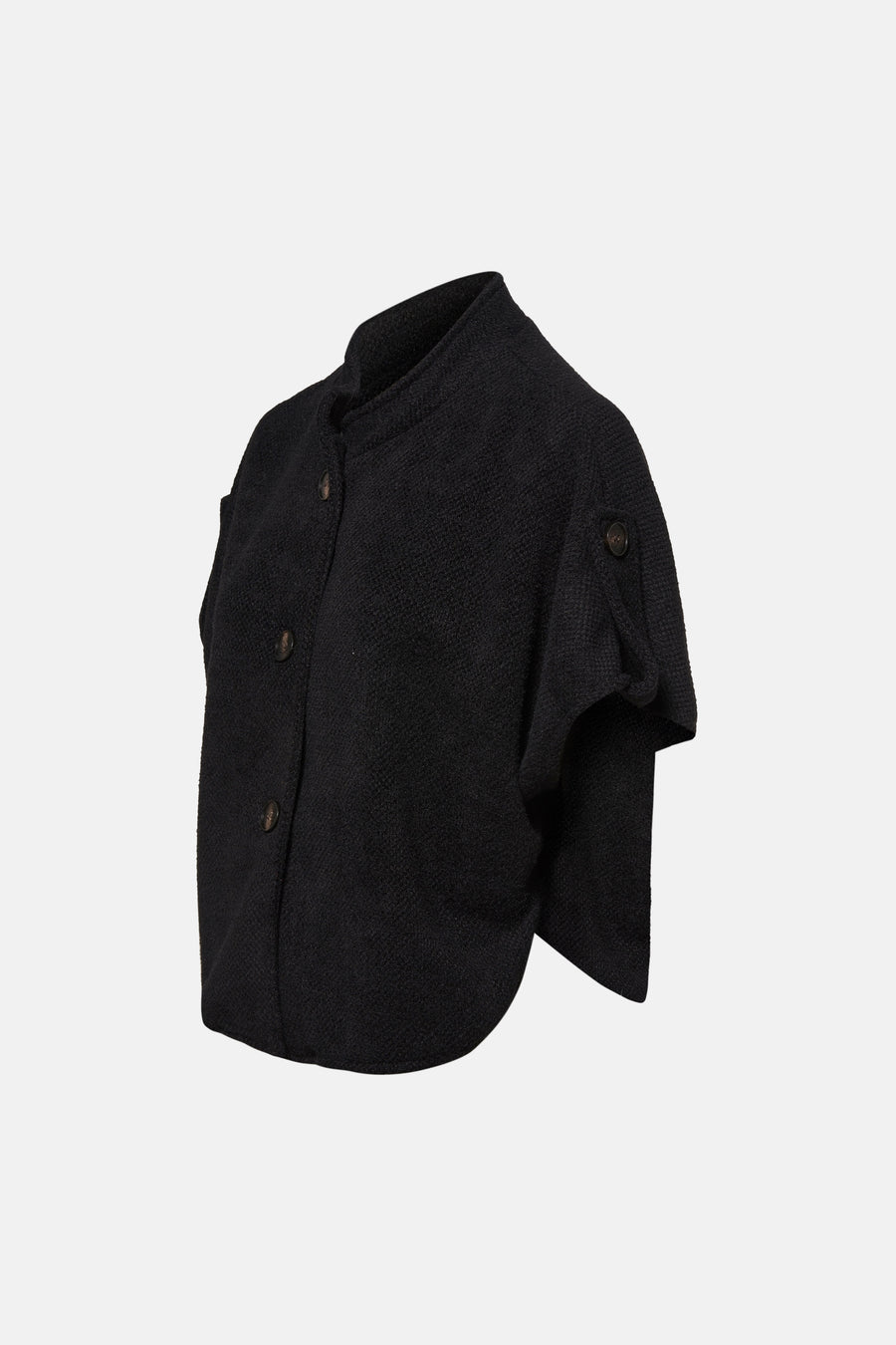 Cardigan noir en maille texturée de Terra di Siena, avec fermeture boutonnée et manches courtes.