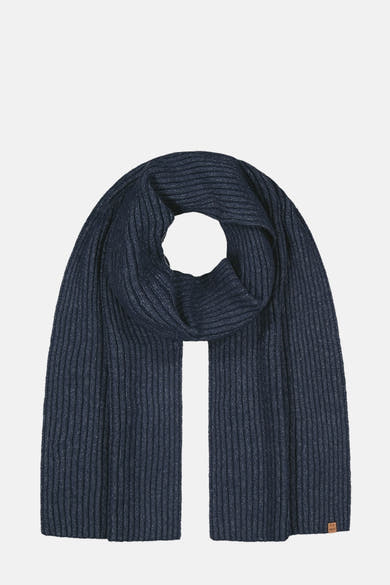 Écharpe bleu marine côtelée de BARTS, drapée avec une boucle centrale.