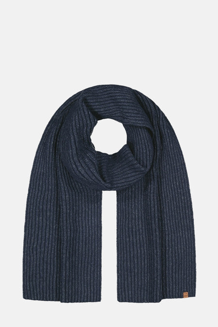 Écharpe bleu marine côtelée de BARTS, drapée avec une boucle centrale.