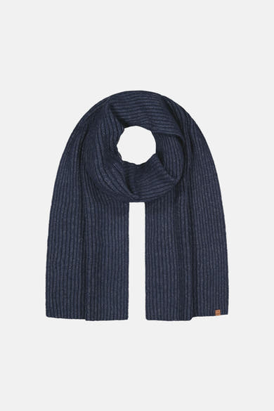 Navy ribbed knit scarf by BARTS, featuring a textured vertical pattern and small leather tag on one corner, displayed flat.