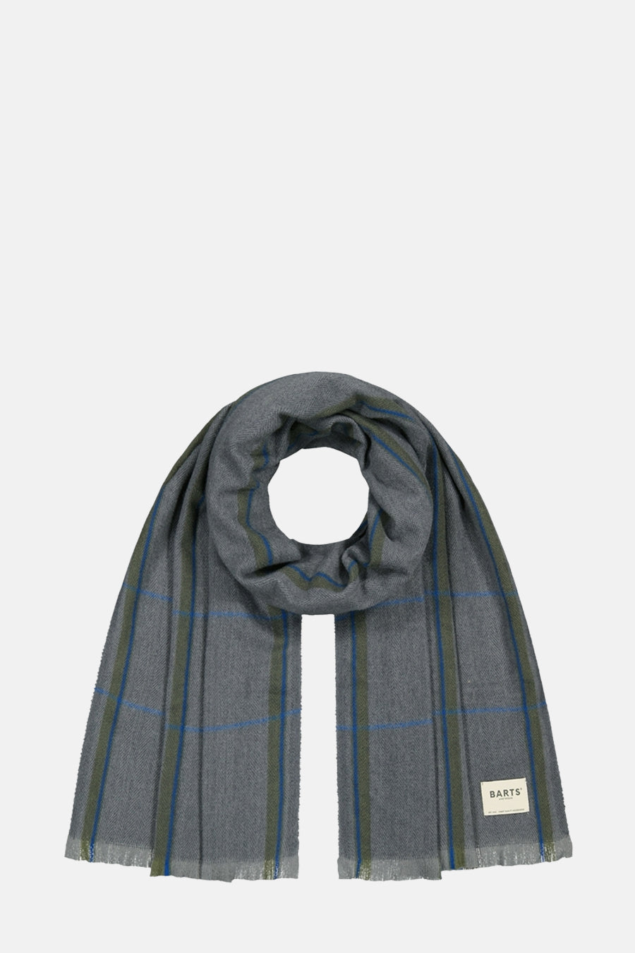 Grijze geruite sjaal van BARTS, gedragen met een witte hoodie en een kaki jas.