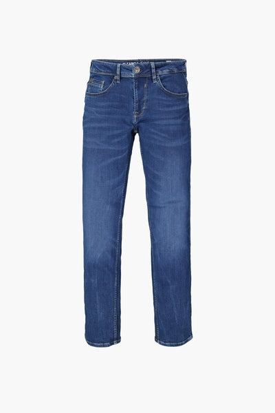 Garcia blauwe slim fit jeans, klassieke rechte pasvorm in denim, op een witte achtergrond.