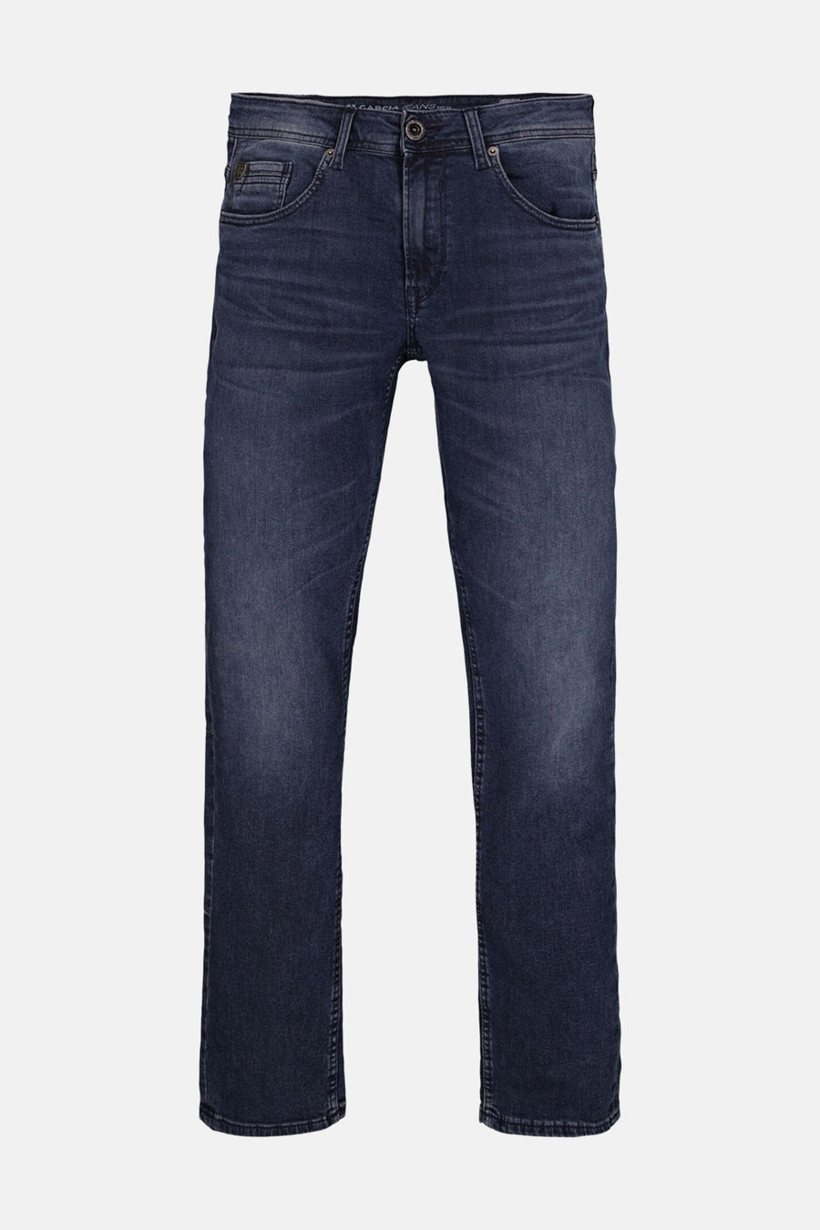 Jean slim en denim noir de GARCIA avec un léger délavage, des poches et une braguette boutonnée.