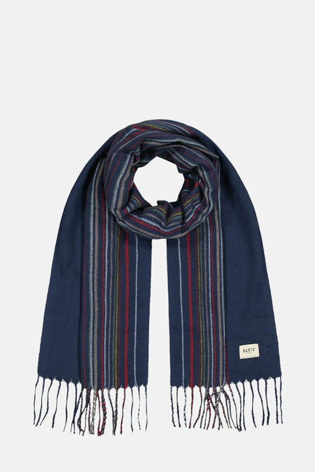 Écharpe bleue à rayures, de BARTS, avec finitions à franges.
