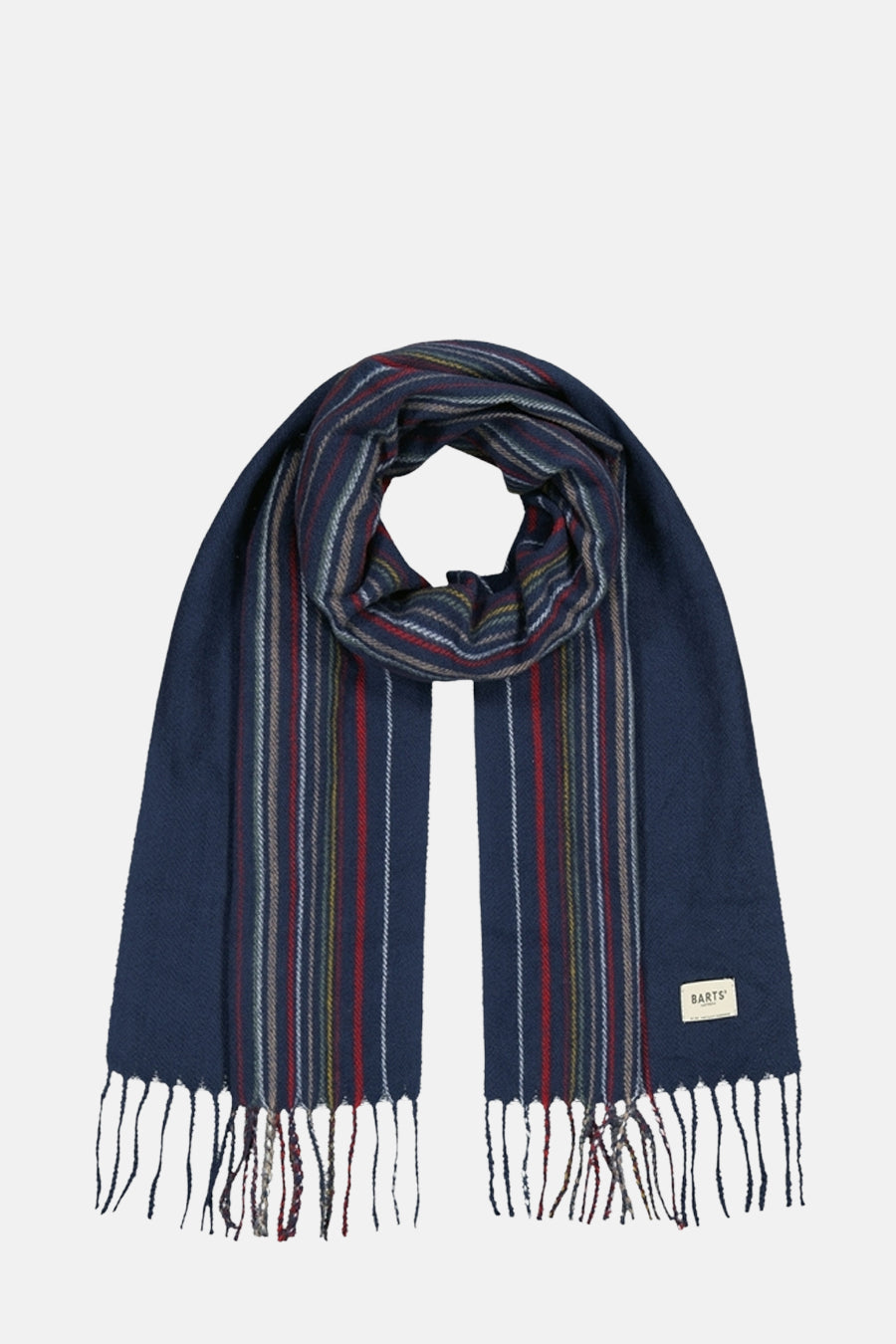 Écharpe bleue à rayures, de BARTS, avec finitions à franges.
