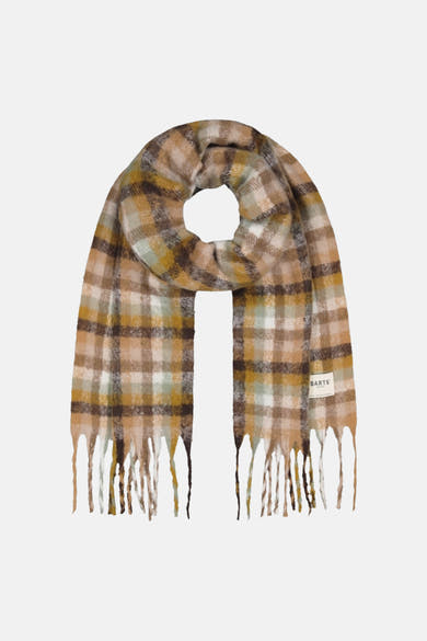 Multicolored plaid wool scarf by BARTS with fringed ends, displayed in looped front view