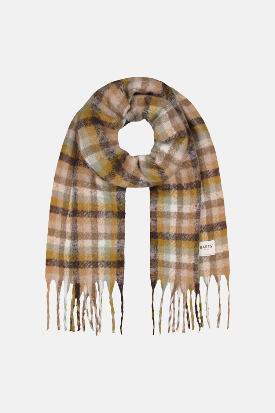 Multicolored plaid wool scarf by BARTS with fringed ends, displayed in looped front view