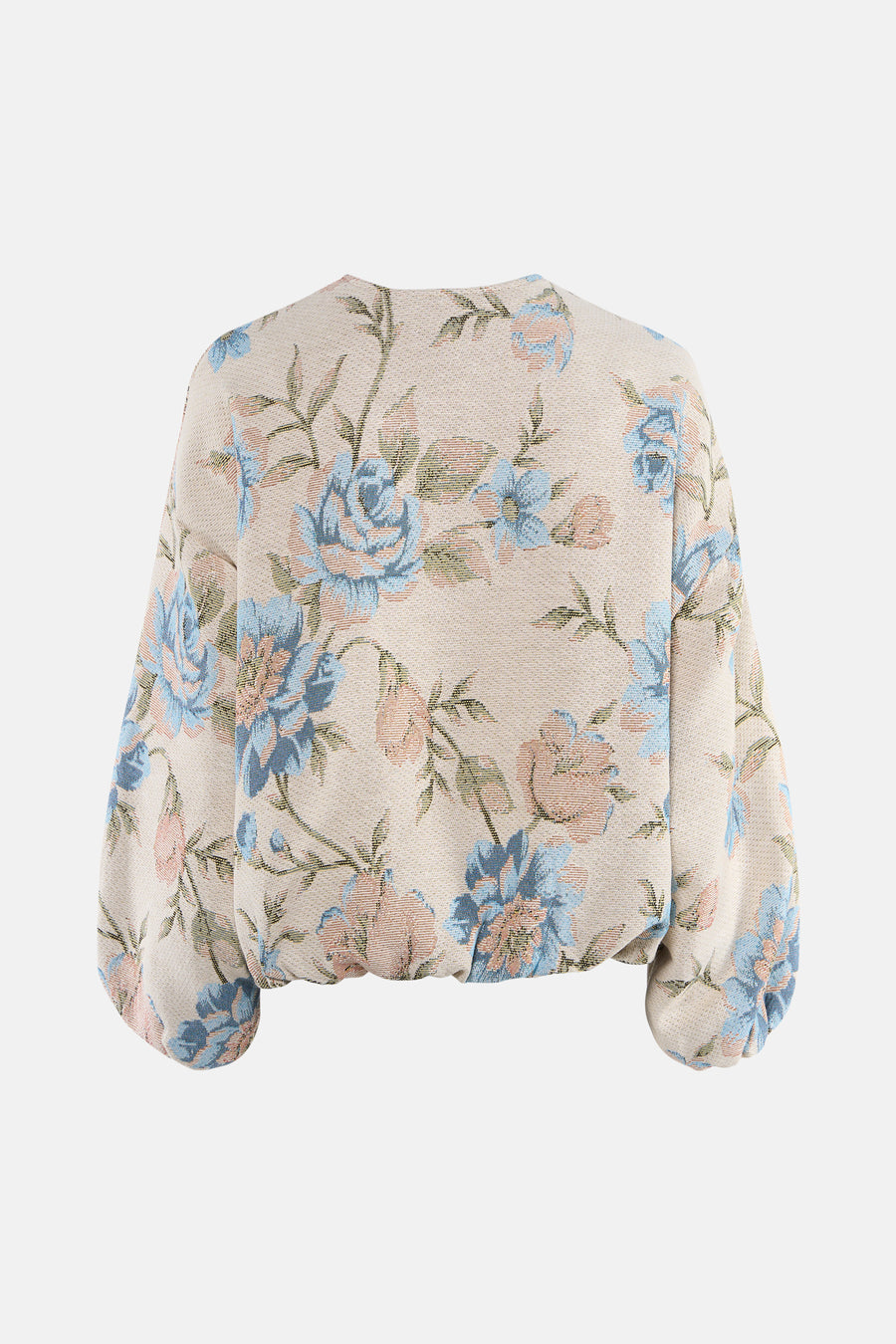Korte meerkleurige jas van Terra di Siena, met een blauw en perzik bloemenpatroon op een beige getextureerde stof.