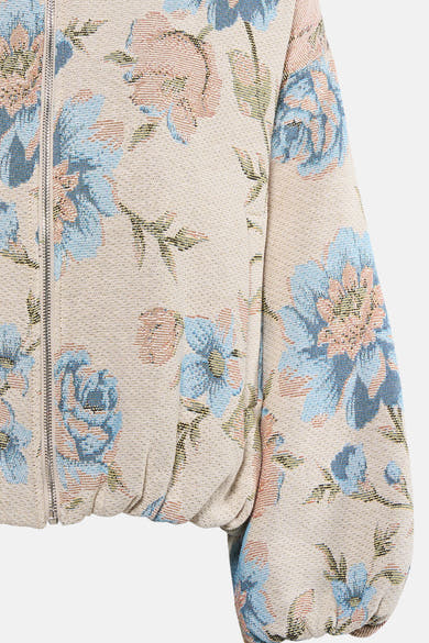 Korte meerkleurige jas van Terra di Siena, met een getextureerd bloemenjacquardpatroon, zichtbare ritssluiting.