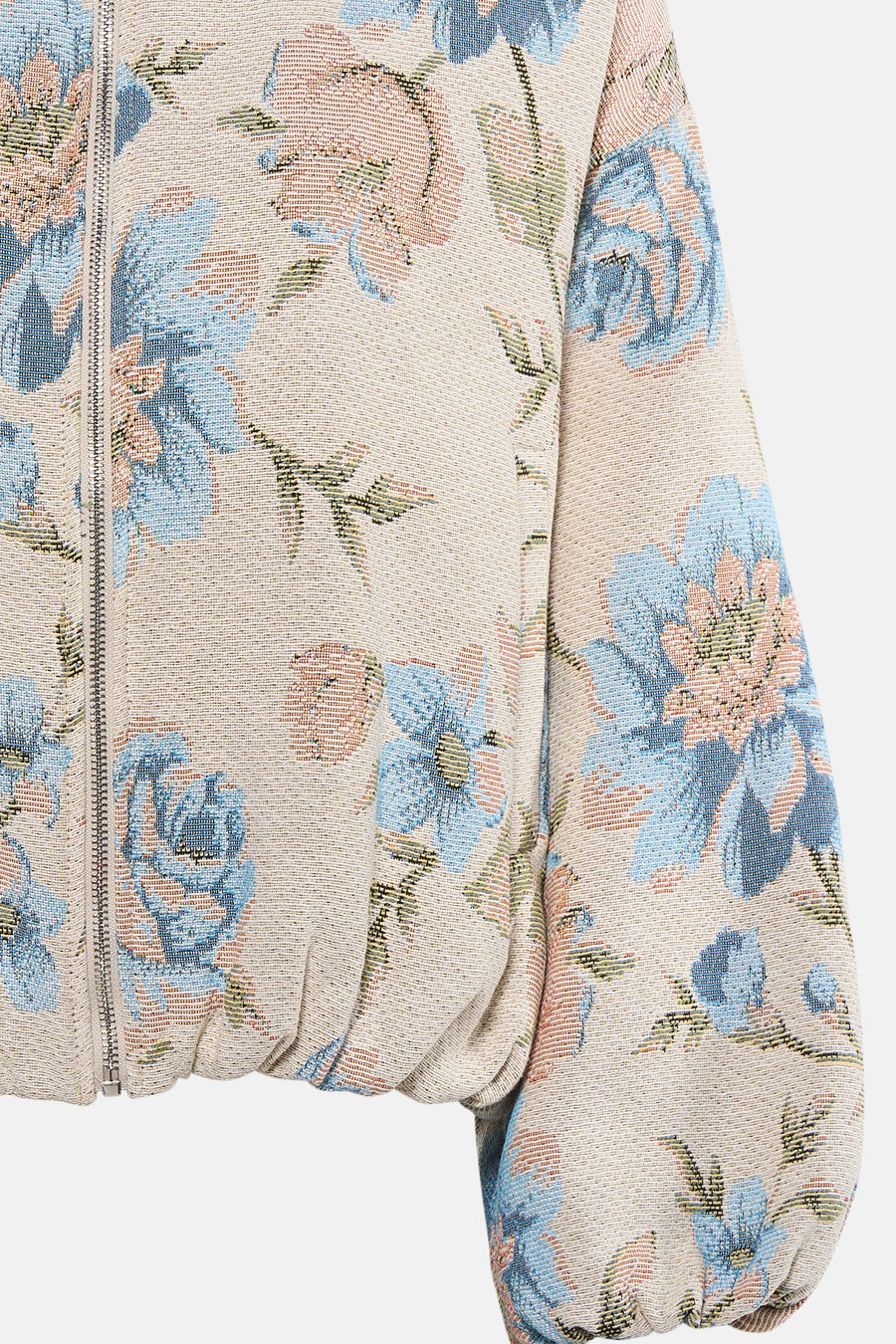 Korte meerkleurige jas van Terra di Siena, met een getextureerd bloemenjacquardpatroon, zichtbare ritssluiting.