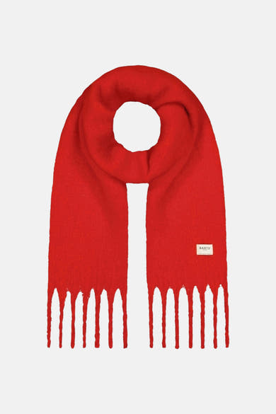 Vibrant red wool scarf with fringe detailing by BARTS, displayed in looped front view with brand label visible.