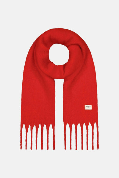 Vibrant red wool scarf with fringe detailing by BARTS, displayed in looped front view with brand label visible.