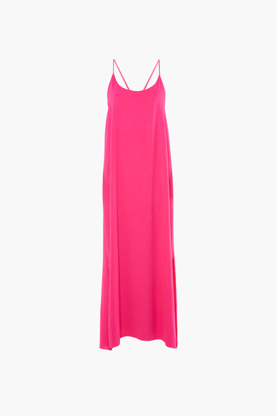 Rose midi robe with thin spaghetti straps and flowing silhouette, front view on white background