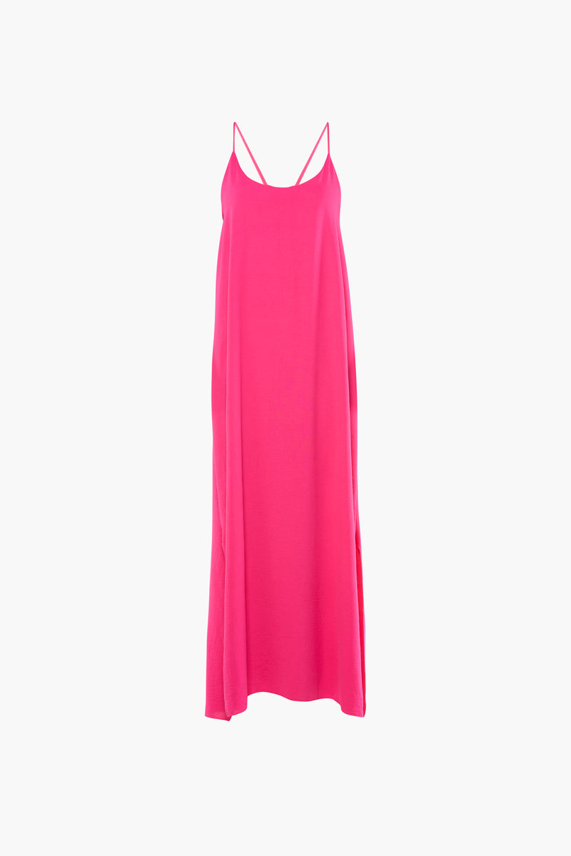 Rose midi robe with thin spaghetti straps and flowing silhouette, front view on white background