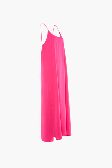 Bright pink midi robe with thin spaghetti straps and a flowing silhouette, back view on white background