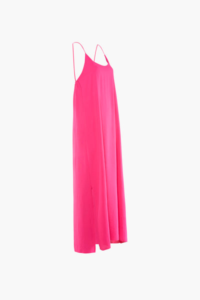 Bright pink midi robe with thin spaghetti straps and a flowing silhouette, back view on white background