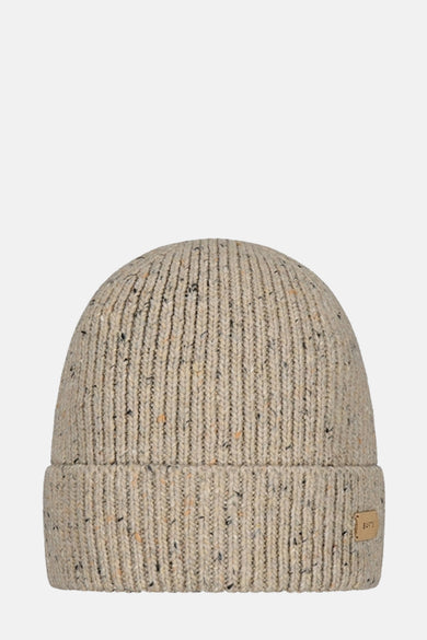 Beige gebreide muts van BARTS, met zwarte en oranje spikkels.