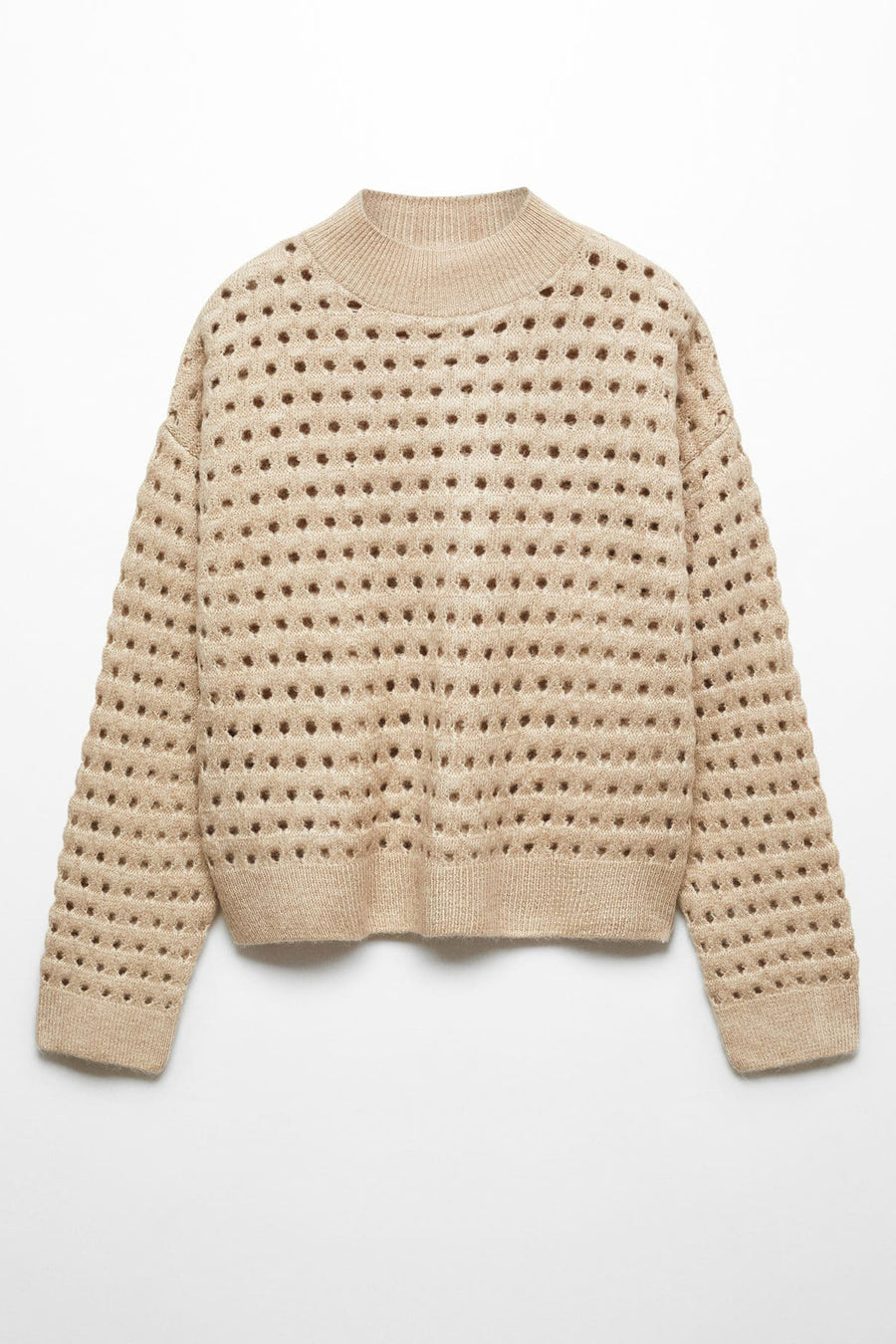 Pull beige de MANGO, à col rond et à larges mailles ajourées sur toute la surface.