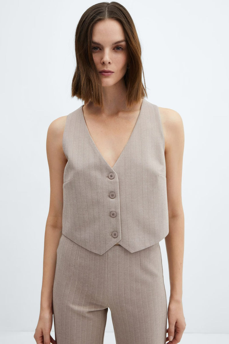 Blazer brun sans manches de MANGO avec motif à rayures verticales et boutons.