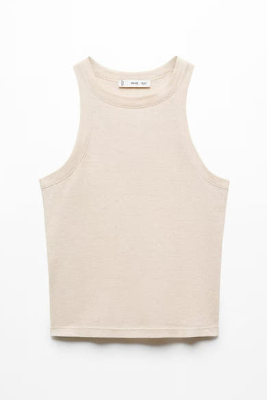 Beige tanktop van MANGO, in ribgebreide stof, met een ronde halslijn en wijde armsgaten.