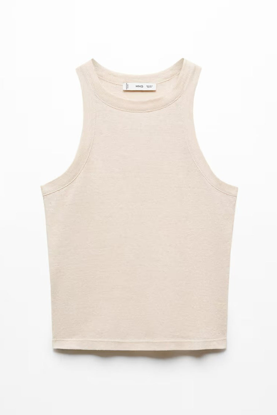 Beige tanktop van MANGO, in ribgebreide stof, met een ronde halslijn en wijde armsgaten.