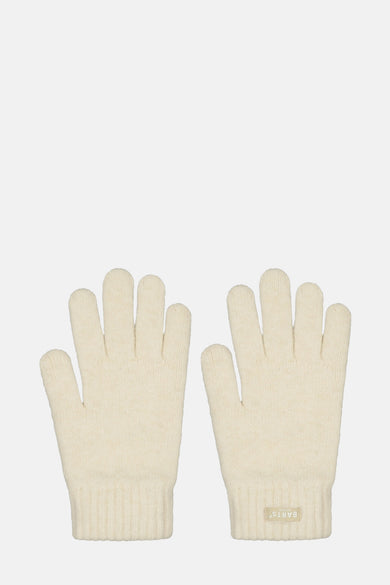 Ecru handschoenen van BARTS, gedragen met een geruite jas en een grijs gebreide trui.