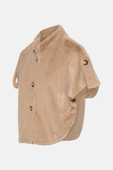 Beige nepbonten gilet van Terra di Siena, met knopen en getextureerde details.