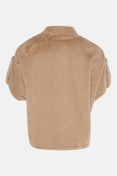 Beige nepbonten gilet van Terra di Siena, met opstaande kraag en korte pofmouwen.