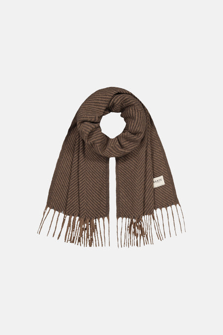Écharpe brune BARTS à motif rayé, avec franges aux extrémités et étiquette visible.