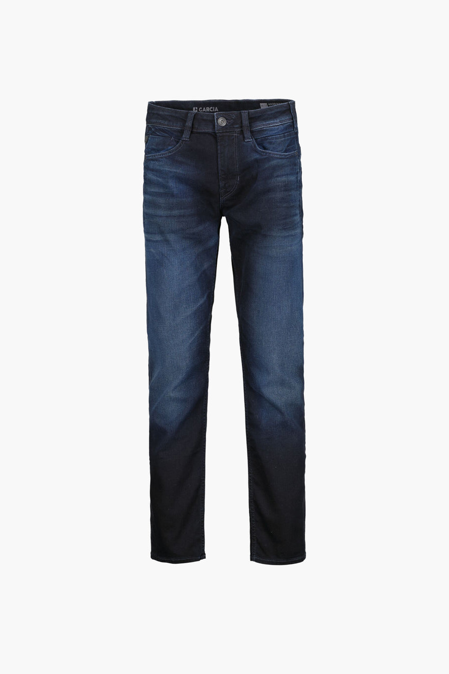 Jean slim en denim bleu foncé de GARCIA, avec un effet délavé sur les cuisses.