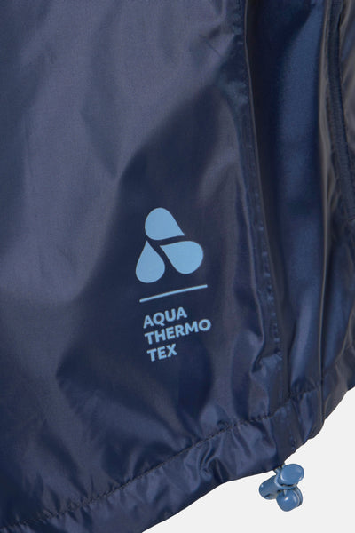Donkerblauwe VIKING jas met Aqua Thermo Tex logo, gladde textuur en blauw trekkoord.