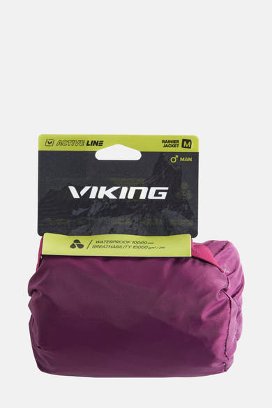 Paarse VIKING jas, verpakt met het etiket waarop het logo en de waterdichte eigenschappen staan.