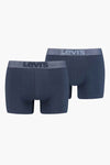 Boxers bleus de Levi's, avec ceinture élastique logotypée gris, deux sous-vêtements sur fond blanc.