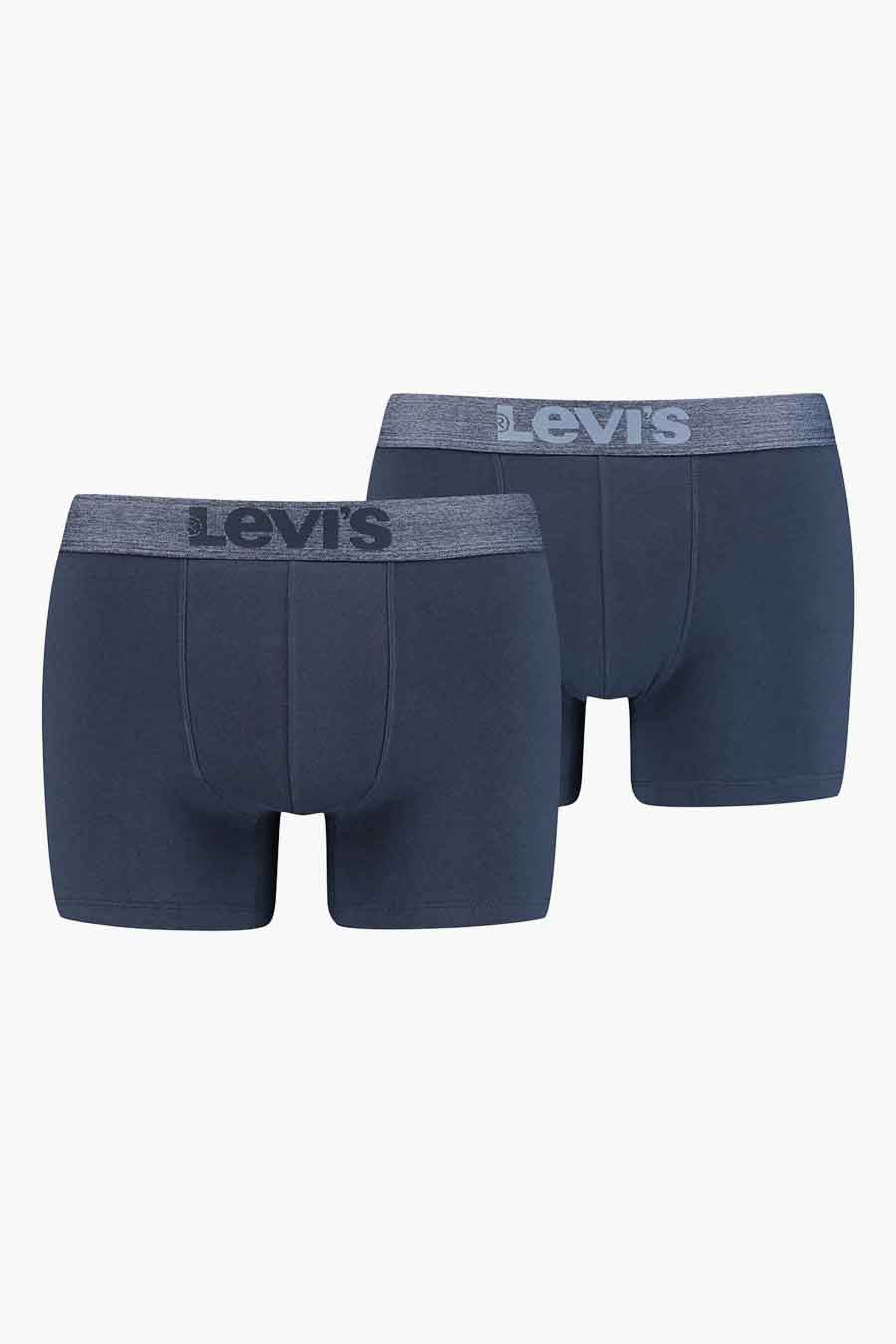 Boxers bleus de Levi's, avec ceinture élastique logotypée gris, deux sous-vêtements sur fond blanc.