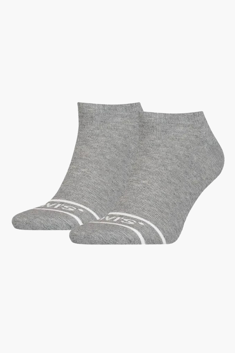Chaussettes courtes grises de Levi's Accessories, avec logo blanc imprimé sur l'avant du pied.