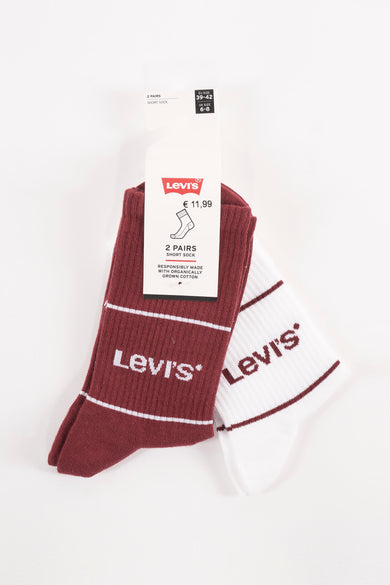 Chaussettes courtes rouges et blanches by Levi's avec rayures horizontales et logo de la marque.

