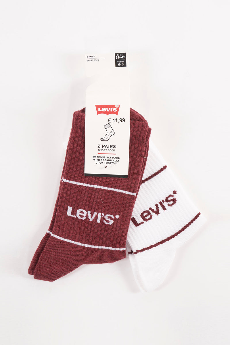 Chaussettes courtes rouges et blanches by Levi's avec rayures horizontales et logo de la marque.
