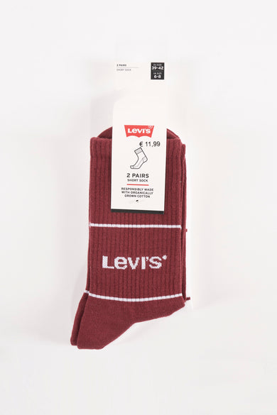 Chaussettes courtes bordeaux en coton by Levi's, avec logo blanc et rayures horizontales.
