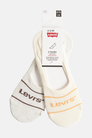 Twee paar beige enkelsokken van Levi's, met oranje en bruine strepen, en logo.