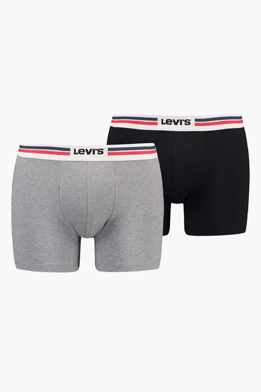 Grijze en zwarte boxershorts van Levi's Accessories, met marineblauwe en rode elastische tailleband met logo.