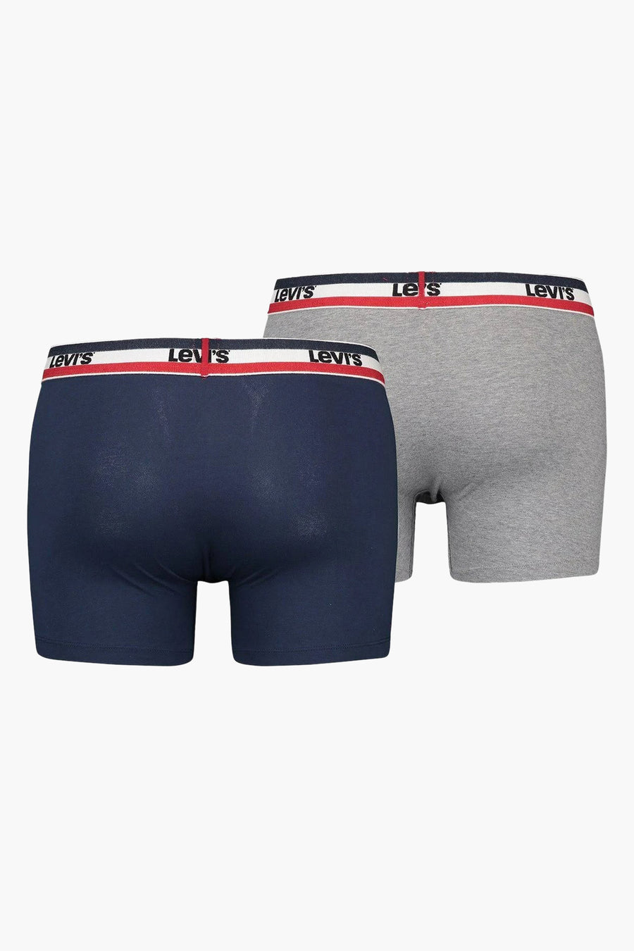 Boxers bleus et gris de Levi's avec une ceinture élastique à rayures blanches et rouges.