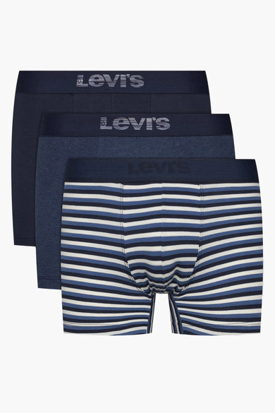 Ensemble de trois boxers bleus de Levi's Accessories, un uni, un chiné, un rayé bleu et blanc.