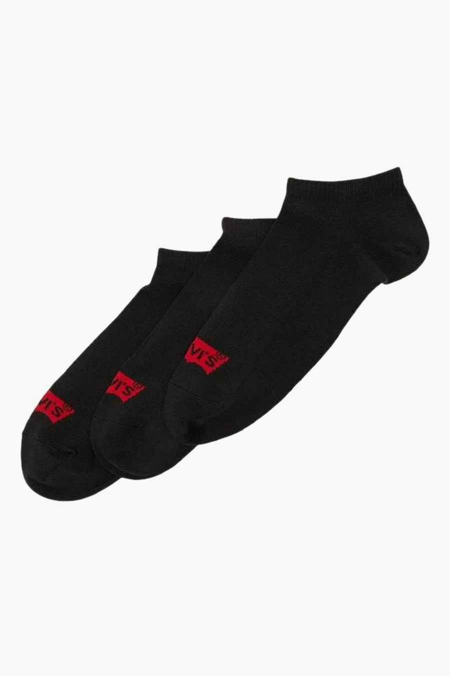 Set van drie zwarte enkelsokken van Levi's® Accessories, met rood logo op de voorkant van de voet.