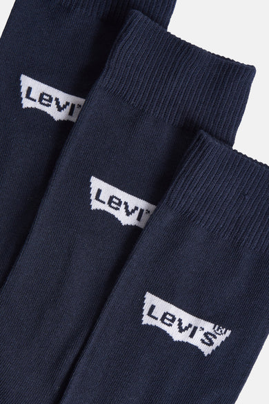 Blauwe kindersokken van Levi's® Accessories, met herhaald wit logo op elke sok.