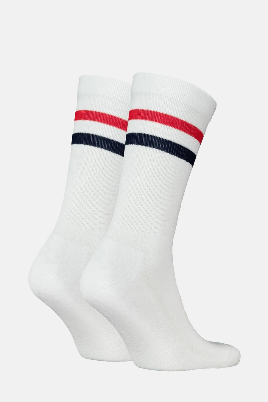 Witte sokken met rode en marineblauwe strepen van Levi's® Accessories, naast elkaar getoond.
