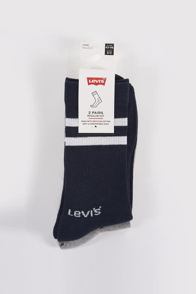Paar blauwe sokken met witte strepen van Levi's, met merklogo.