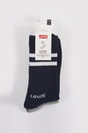 Paar blauwe sokken met witte strepen van Levi's, met merklogo.