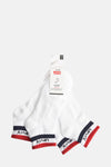 Twee paar witte sokken van Levi's met rood, wit en marineblauw gestreepte randen.